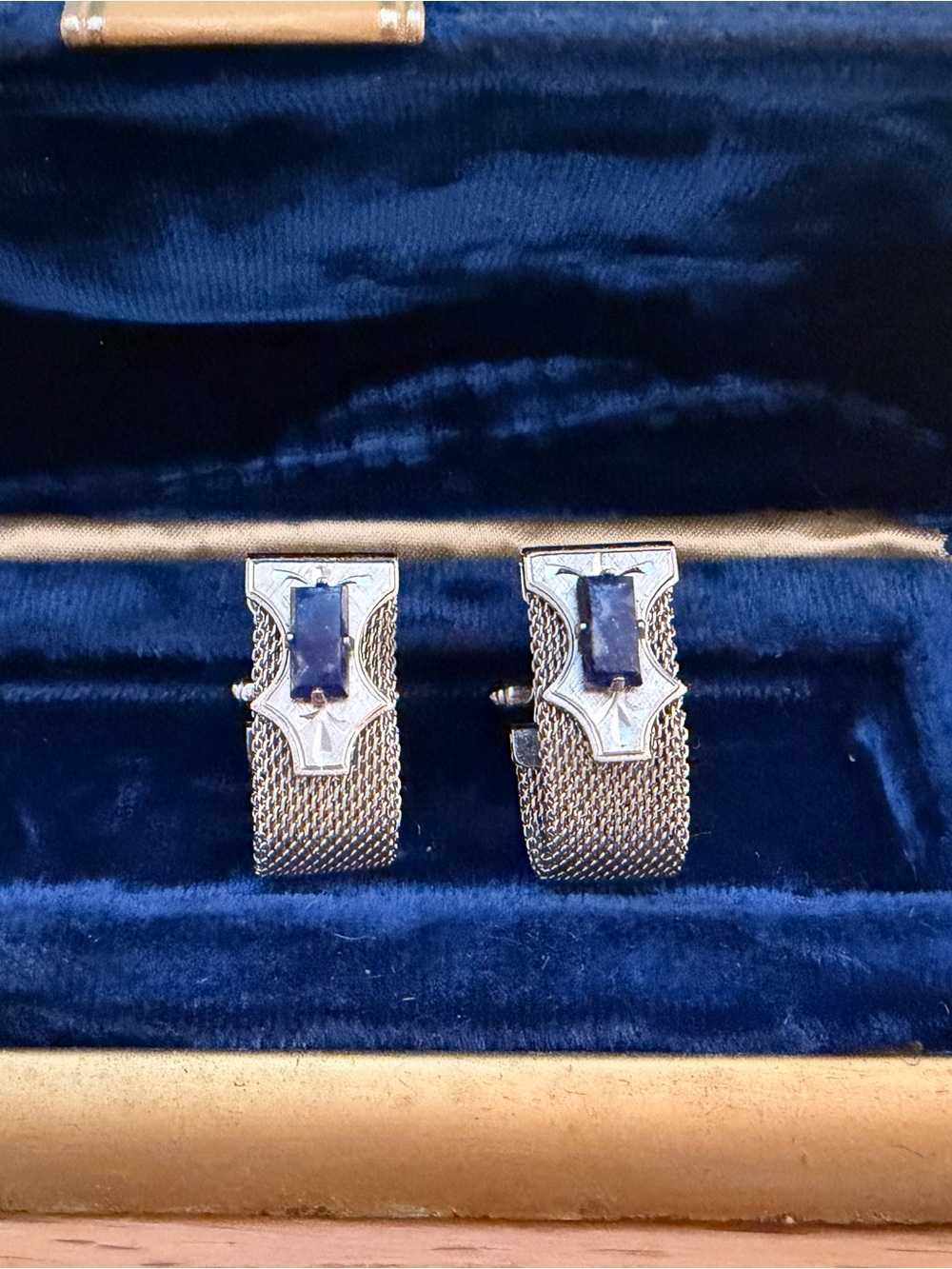 1960s ANSON Silver Tone Wrap Around Mesh Cufflinks Sodalite MCM